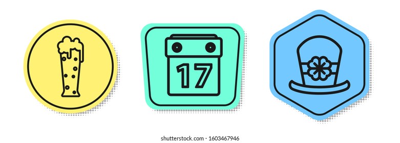 Set line Glass of beer, Saint Patrick's day with calendar and Leprechaun hat and four leaf clover. Colored shapes. Vector