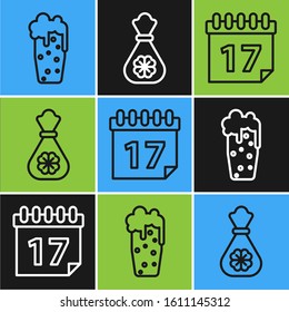 Set line Glass of beer, Saint Patrick's day with calendar and Money bag with four leaf clover icon. Vector
