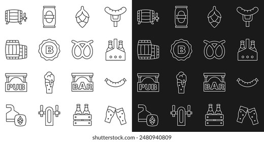 Set line Glass of beer, Sausage, Pack bottles, Hop, Bottle cap with, Wooden barrel,  and Pretzel icon. Vector