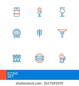 Set line Glass of beer, Sausage, Dried fish, on the fork, Wooden barrel rack, Wheat,  and  icon. Vector