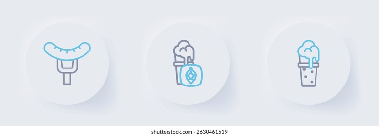 Set line Glass of beer,  and Sausage on the fork icon. Vector