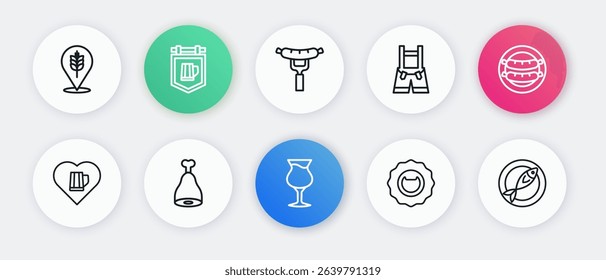 Set line Glass of beer, Sausage, Heart with glass, Bottle opener, Lederhosen, on the fork, Dried fish and Chicken leg icon. Vector