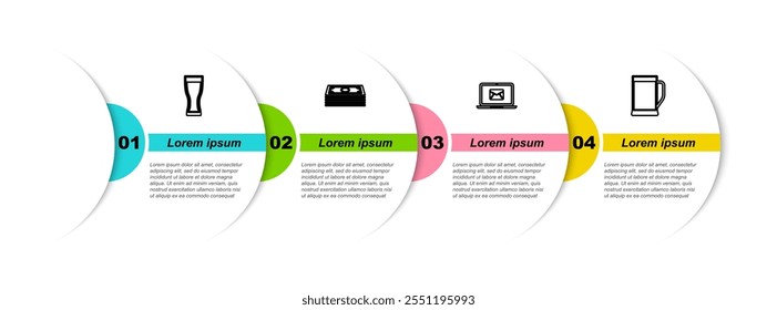 Set line Glass of beer, Stacks paper money cash, Laptop with envelope and . Business infographic template. Vector