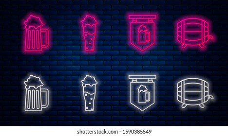 Set line Glass of beer, Street signboard with glass of beer, Wooden beer mug and Wooden barrel on rack with stopcock. Glowing neon icon on brick wall. Vector