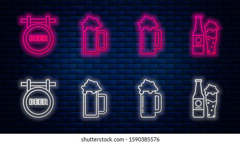 Set line Glass of beer, Glass of beer, Street signboard with inscription Beer and Beer bottle and glass. Glowing neon icon on brick wall. Vector