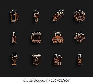 Set line Glass of beer, Street signboard with glass, Beer bottle and, Wooden barrel, Pretzel and on rack stopcock icon. Vector