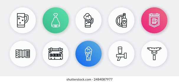 Set line Glass of beer, Street signboard with, Accordion, Beer tap, bottle and wooden barrel, Sausage the fork and  icon. Vector