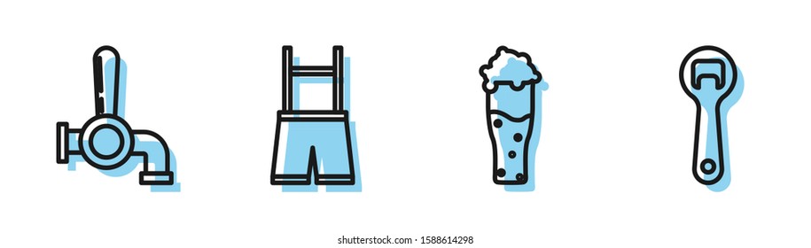 Set line Glass of beer, Beer tap, Lederhosen and Bottle opener icon. Vector