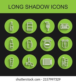 Set line Glass of beer, Beer tap, bottle, Musical instrument accordion, and glass, Street signboard with and inscription icon. Vector