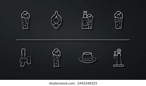 Set line Glass of beer, Beer tap, Oktoberfest hat, Hop,  and bottle and glass icon. Vector