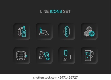 Set line Glass of beer, Beer tap, Wooden barrel on rack, Hotdog sandwich, Oktoberfest hat and bottle wooden icon. Vector