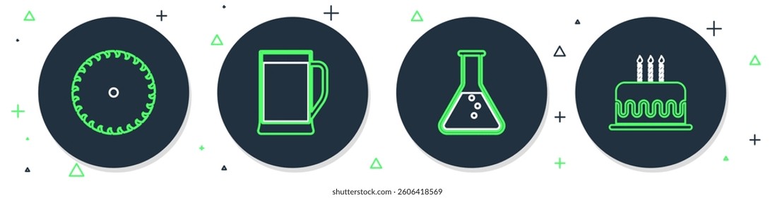 Set line Glass of beer, Test tube and flask, Circular saw blade and Cake with burning candles icon. Vector
