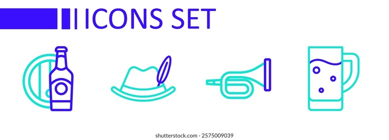 Set line Glass of beer, Trumpet, Oktoberfest hat and Beer bottle and wooden barrel icon. Vector