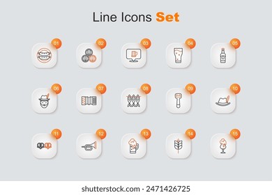 Set line Glass of beer, Wheat, Trumpet, Pretzel, Oktoberfest hat, Bottle opener and Dried fish icon. Vector