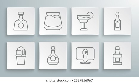 Set line Glass of beer, whiskey, Bottle cognac or brandy, Alcohol bar location, Whiskey bottle, Cocktail, Champagne and Tequila icon. Vector
