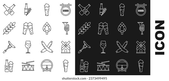 Set line Glass of beer, Windmill, Musical instrument trumpet, Cereals set with rice, wheat, corn, oats, rye, barley, Crossed bottle and Hop icon. Vector