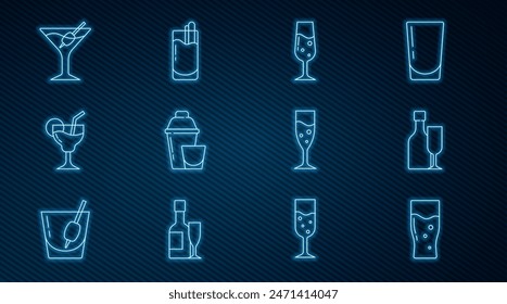 Set line Glass of beer, Wine bottle with glass, champagne, Cocktail shaker, Martini,  and Bloody Mary icon. Vector