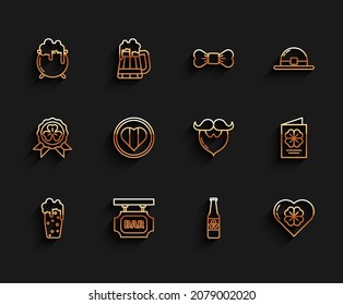 Set line Glass of beer, Witch cauldron, Beer bottle four leaf clover, Heart, and Happy Saint Patrick day, Patricks Day flyer, brochure, postcard and Mustache beard icon. Vector