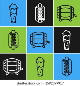 Set line Glass of beer, Wooden barrel on rack with stopcock and Hotdog sandwich with mustard icon. Vector