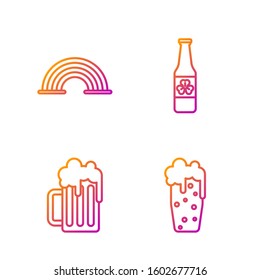 Set line Glass of beer, Wooden beer mug, Rainbow and Beer bottle with four leaf clover. Gradient color icons. Vector