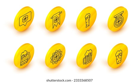 Set line Glass of beer, Wooden mug, Bottle cap with four leaf clover, Street signboard, Four and party pennant and in speech bubble icon. Vector