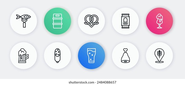 Set line Glass of beer, Wooden mug, Chicken leg, Beer can, Pretzel, Wheat and Salami sausage icon. Vector