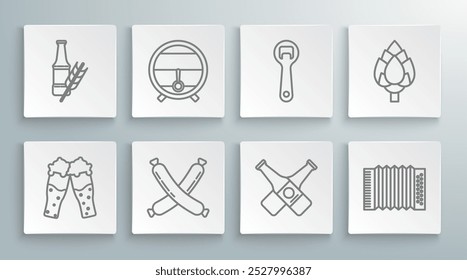 Set line Glass of beer, Wooden barrel on rack with stopcock, Crossed sausage, bottle, Musical instrument accordion, Bottle opener, Hop and Beer icon. Vector