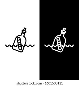 Set line Glass bottle with a message in water icon isolated on black and white background. Letter in the bottle. Pirates symbol.  Vector Illustration