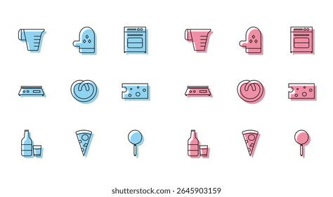 Set line Glass bottle with milk and glass, Slice of pizza, Measuring cup, Frying pan, Pretzel, Cheese, Electronic scales and Oven glove icon. Vector