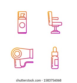 Set line Glass bottle with a pipette, Hair dryer, Shaving gel foam and Barbershop chair. Gradient color icons. Vector