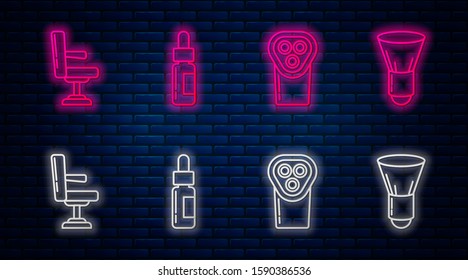 Set line Glass bottle with a pipette, Electrical hair clipper or shaver, Barbershop chair and Shaving brush. Glowing neon icon on brick wall. Vector