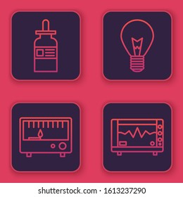 Set line Glass bottle with a pipette, Electrical measuring instruments, Light bulb with concept of idea and Computer monitor with cardiogram. Blue square button. Vector