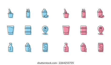 Set line Glass bottle of vodka, Cocktail shaker, Champagne in an ice bucket, Beer can, Metal beer keg, Alcohol or bar location, Shot glass and Bloody Mary icon. Vector