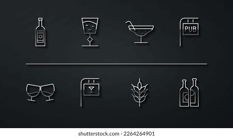 Set line Glass bottle of vodka, cognac or brandy, Street signboard with Pub, Hop, Bar, Wine glass, Bottles wine and Cocktail icon. Vector