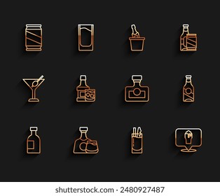 Set line Glass bottle of vodka, Whiskey and glass, Beer can, Cocktail Bloody Mary, Alcohol or beer bar location,  and drink Rum icon. Vector