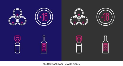 Set line Glass bottle of vodka, Bottle opener, Alcohol 18 plus and Wooden barrels icon. Vector