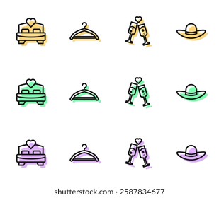 Set line Glass of champagne, Bedroom, Hanger wardrobe and Elegant women hat icon. Vector