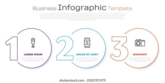 Set line Glass of champagne, Beer can and Photo camera. Business infographic template. Vector