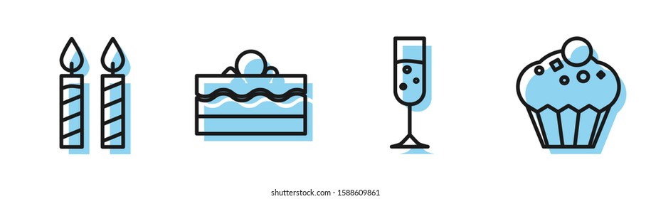 Set line Glass of champagne , Birthday cake candles , Cake  and Muffin  icon. Vector