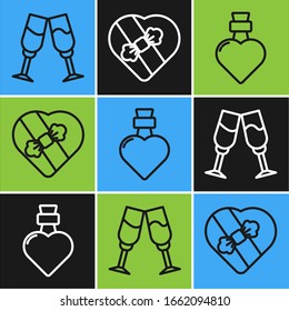 Set line Glass of champagne, Bottle with love potion and Candy in heart shaped box icon. Vector