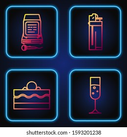 Set line Glass of champagne , Cake , Karaoke  and Lighter . Gradient color icons. Vector