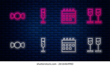 Set line Glass of champagne, Calendar, Bow tie and . Glowing neon icon on brick wall. Vector