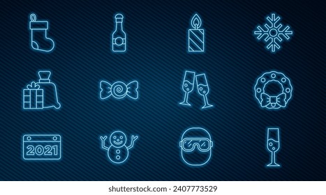 Set line Glass of champagne, Christmas wreath, Burning candle, Candy, Santa Claus bag gift, stocking,  and Champagne bottle icon. Vector
