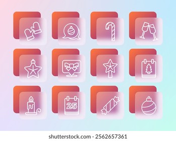 Set line Glass of champagne, Christmas day calendar, star, Candy, Gift bow, cane with stripes, mittens and ball icon. Vector