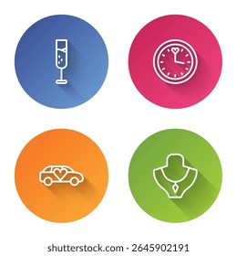 Definir linha Vidro de champanhe, Relógio, Limousine carro e colar no manequim. Botão de círculo de cor. Vetor