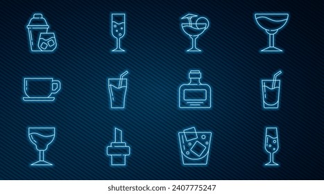 Set line Glass of champagne, Cocktail, juice, Coffee cup, shaker, Whiskey bottle and  icon. Vector