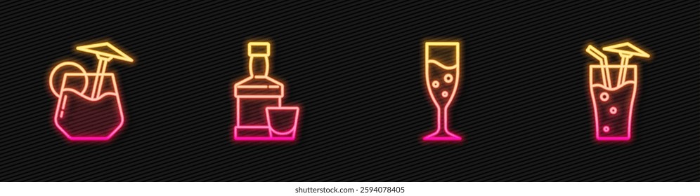 Set line Glass of champagne, Cocktail, Whiskey bottle and glass and . Glowing neon icon. Vector