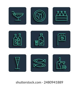 Set line Glass of champagne, Dried fish, Beer tap with glass, Bottles wine in wooden box, Vodka pepper and, Cocktail and Street signboard Bar icon. Vector