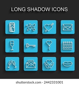 Set line Glass of champagne, Envelope with Valentine heart, Mobile, Heart hand, Smiling lips, Key shape, Calendar and Balloon form icon. Vector