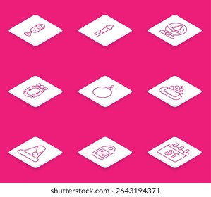 Set line Glass of champagne, Firework rocket, Christmas snow globe, wreath, ball, Cake, Santa Claus hat and Price tag with Sale icon. Vector